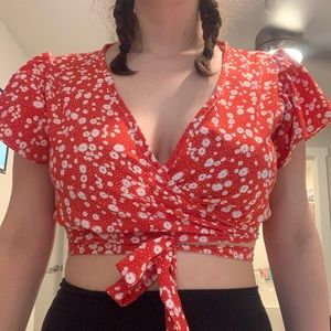 Womens Low Cut Red Top with White Flowers
